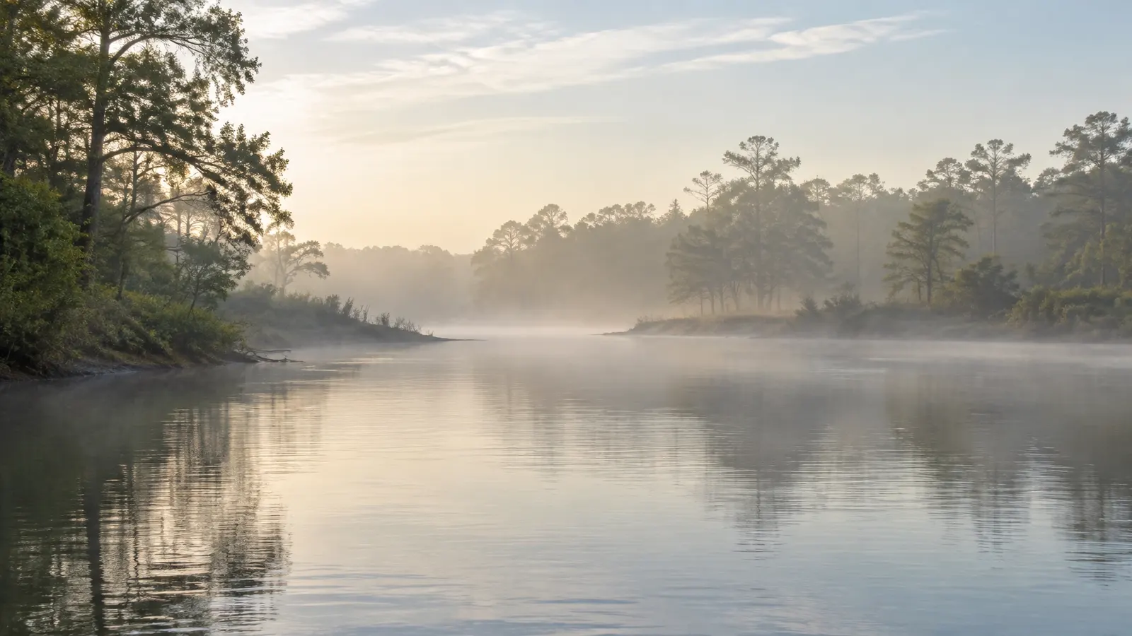 Still creek water with soft ripples beneath morning trees