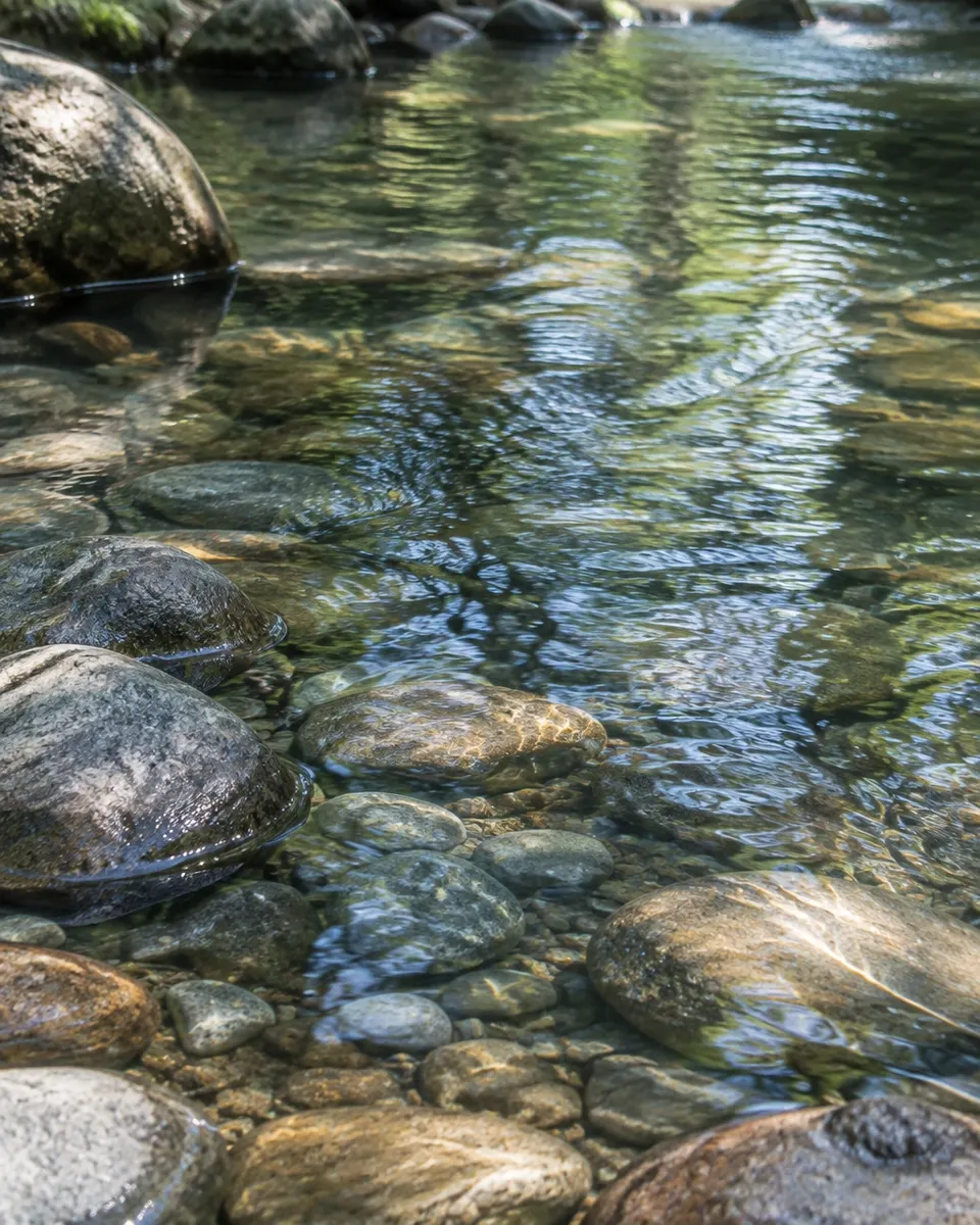 Clear creek water moving over smooth stones in soft natural light